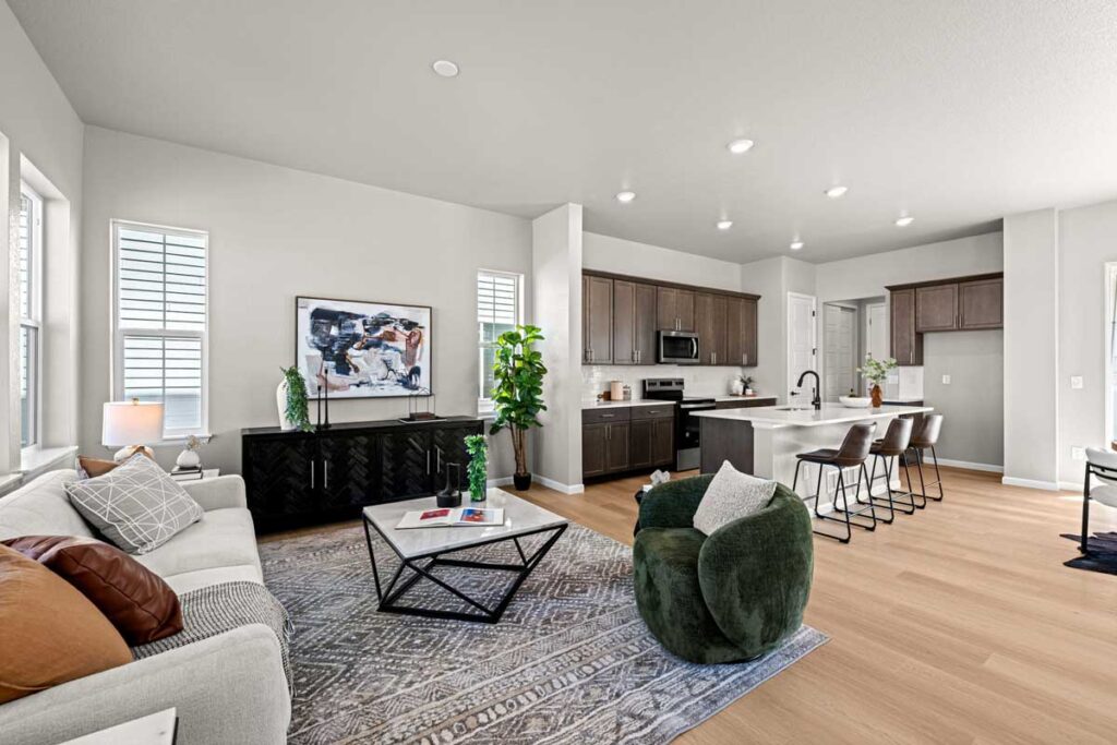 The living room of a new construction home with modern appliances and furniture.